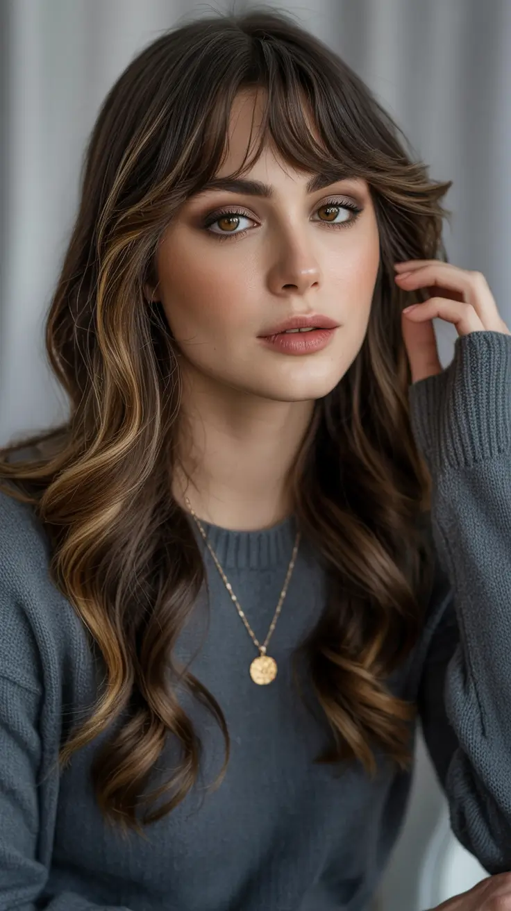 brunette hair color 2026 Honeyed Brunette With Curtain Bangs