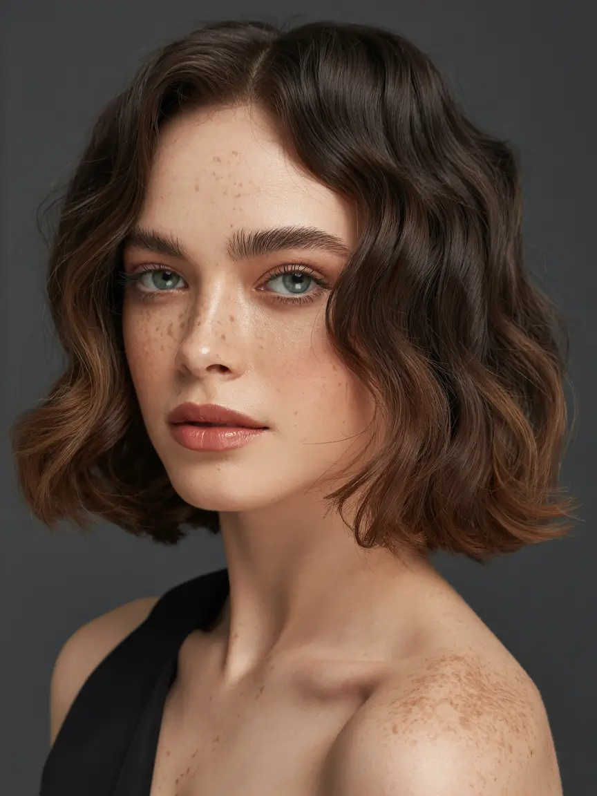 dark brown hair color 2026 Soft Wavy Brunette Crop