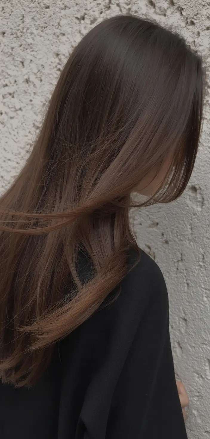 dark brown hair color 2026 Sleek Straight Chestnut Brown With Airy Ends