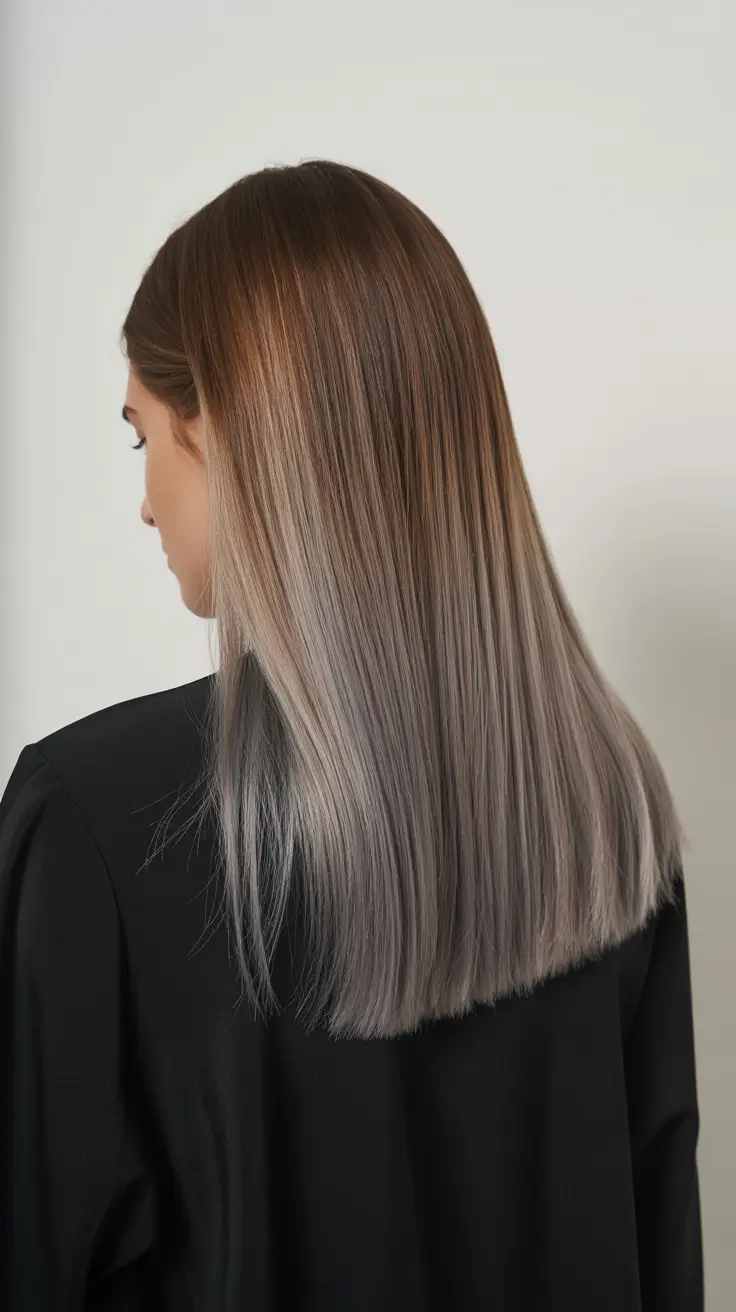 dark brown hair color 2026 Cool Brunette-to-Silver Fade