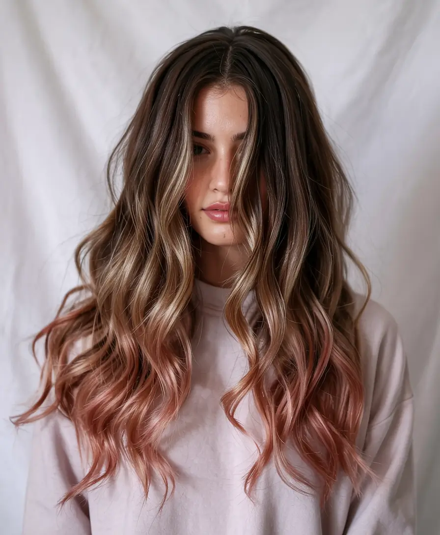 hair color ideas 2026 Soft Brown with Rosy Ends