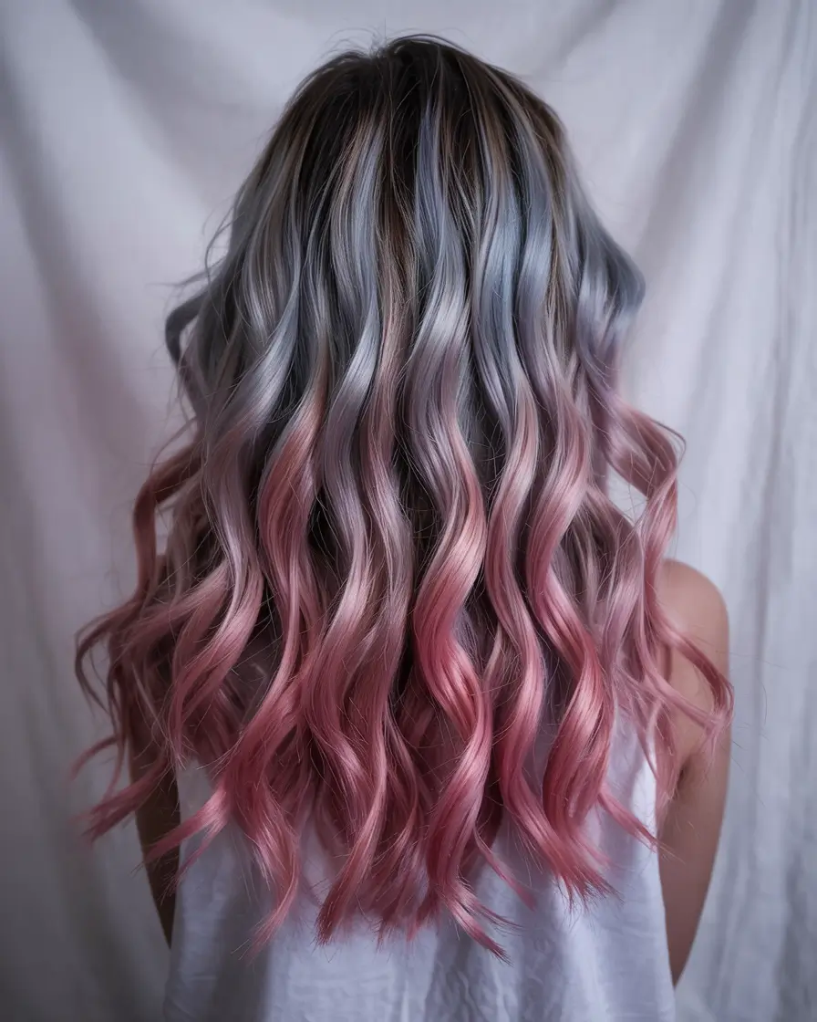 hair color ideas 2026 Silver and Pink Fusion Waves