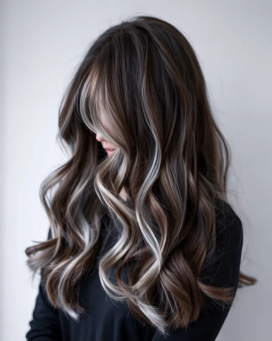 hair color ideas 2026 Smoky Brown with Platinum Threads