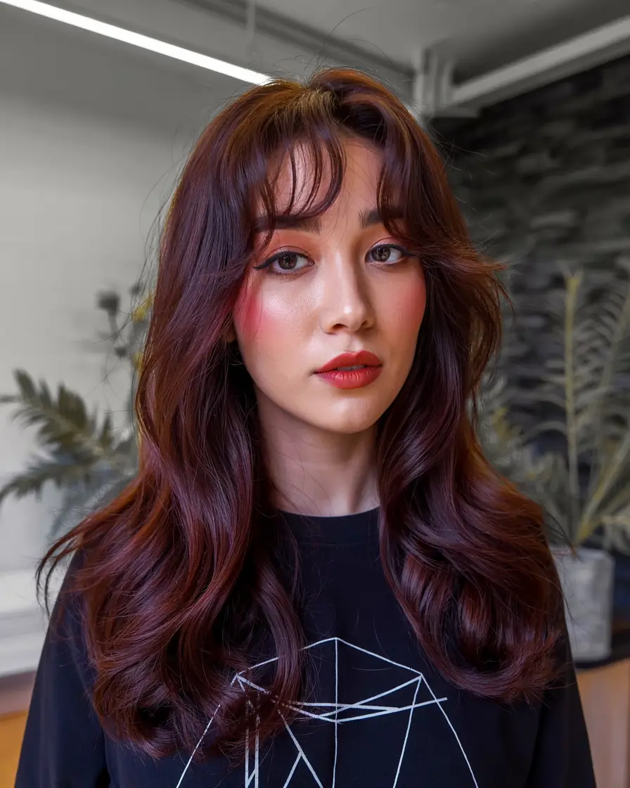hair color ideas 2026 Mahogany Layers With Wispy Bangs
