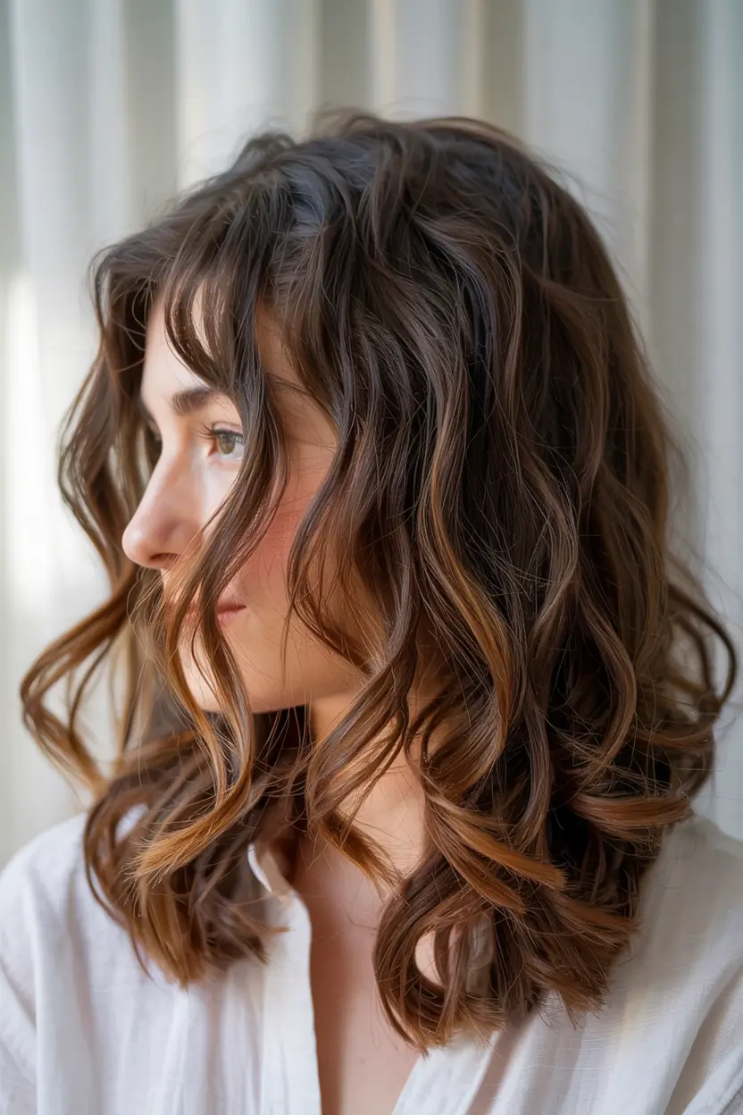 hair color ideas 2026 Warm Caramel Highlights on Curly Bob