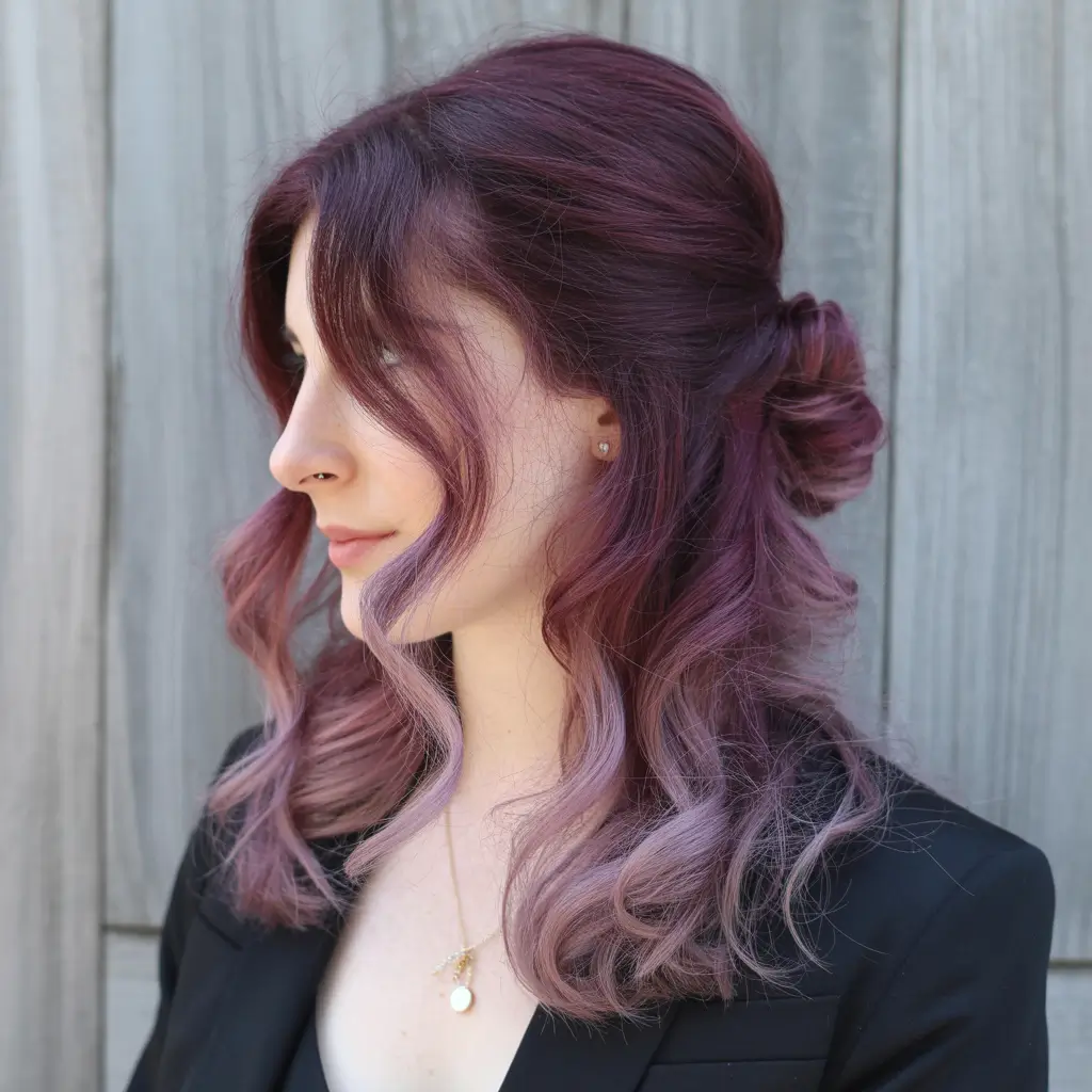 purple hair color 2026 Plum Rose Half-Up Elegance