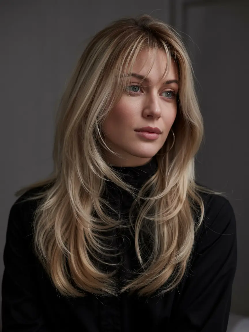 wolf haircut ideas 2026 Soft Blonde Layers With Wispy Bangs