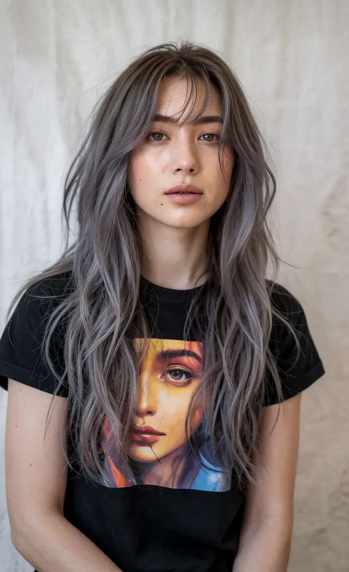wolf haircut ideas 2026 Smoky Silver Wolf With Grunge Vibes