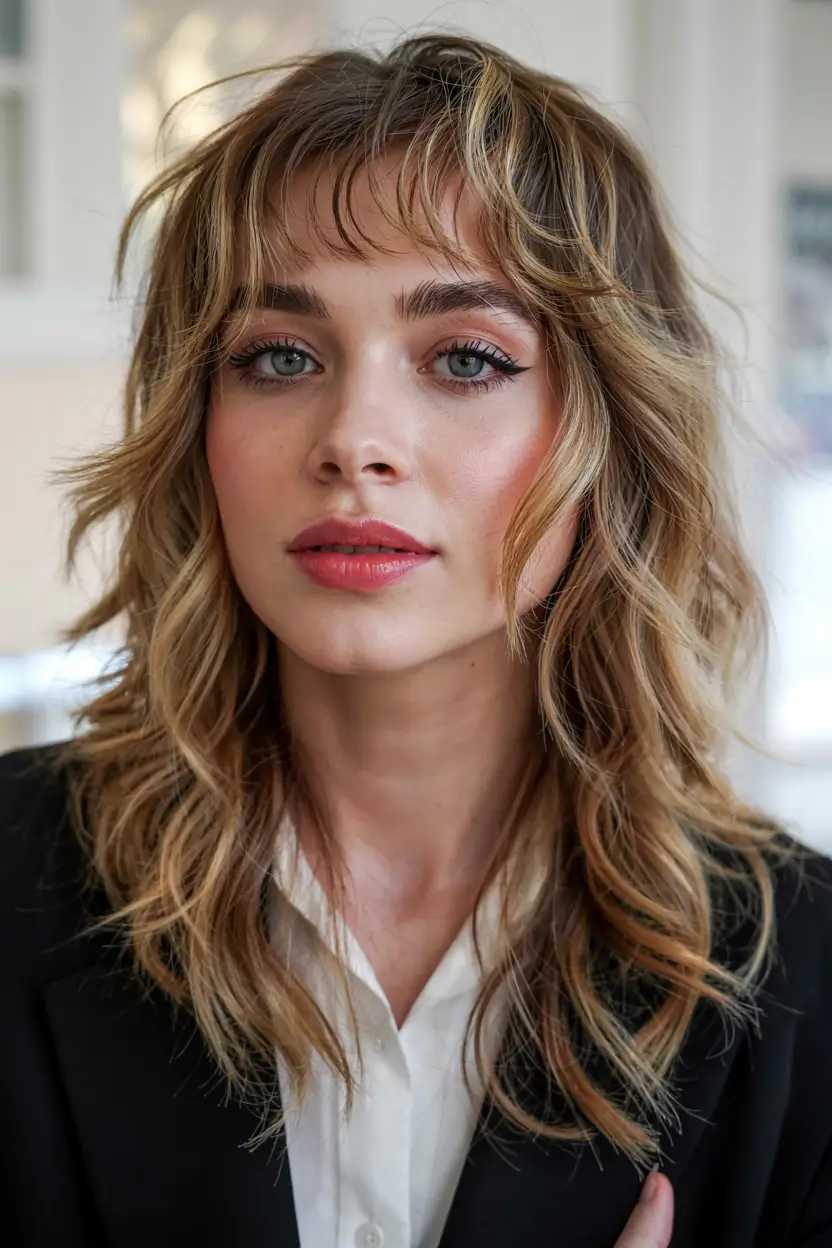wolf haircut ideas 2026 Textured Medium Waves With Layered Fringe
