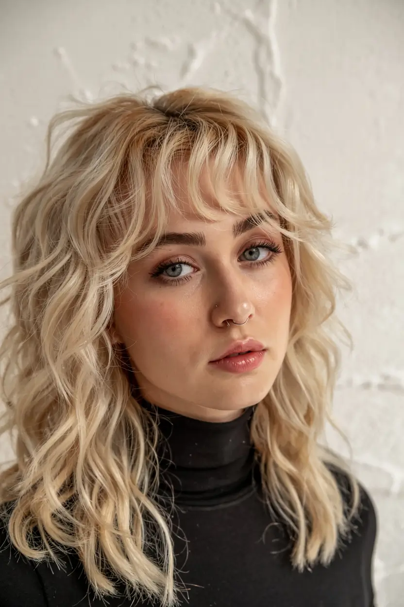 wolf haircut ideas 2026 Messy Blonde Wolf Cut With Baby Bangs